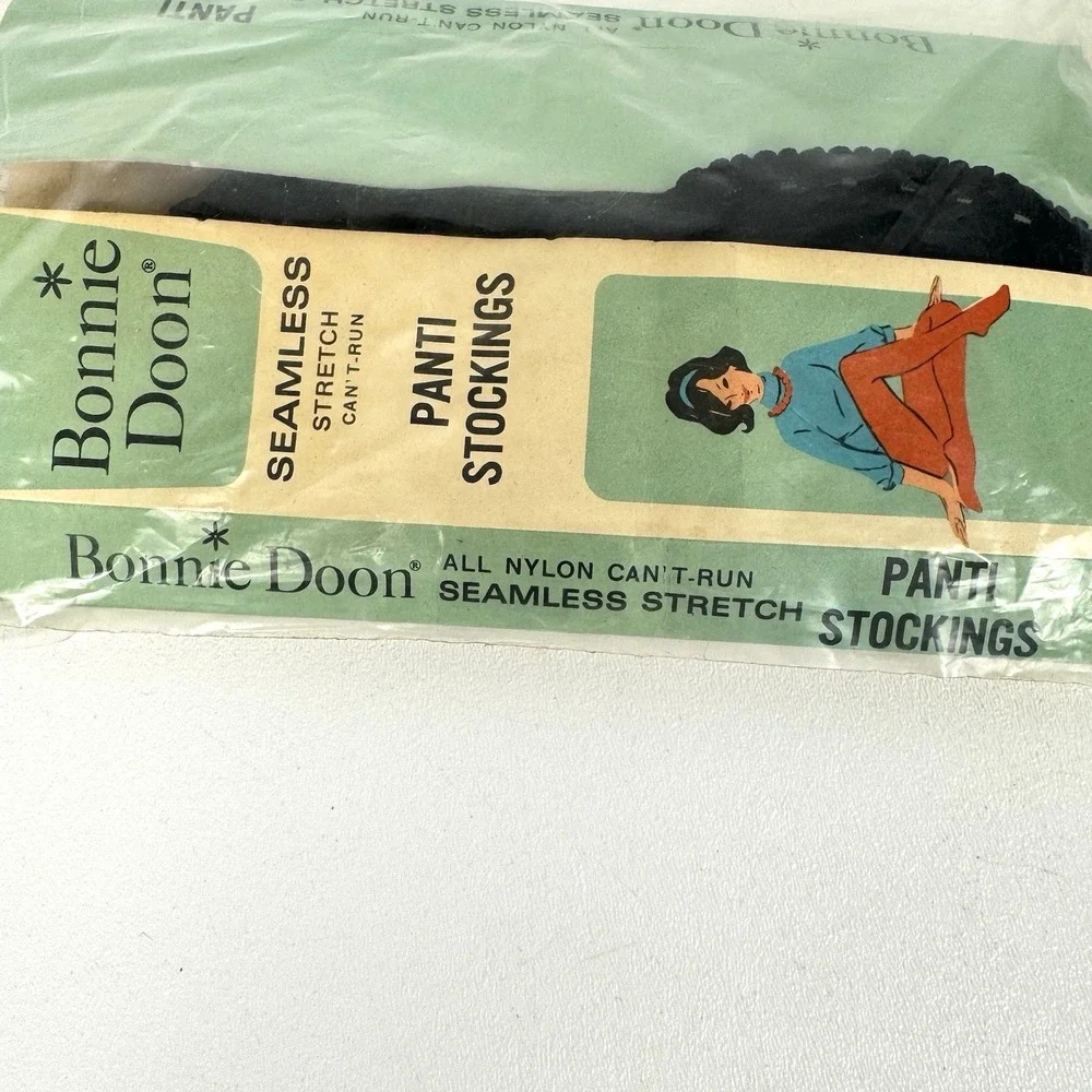Vtg Bonnie Doon Pantyhose Panti-Stocking Large Black Nylons Seamless 60s Italy